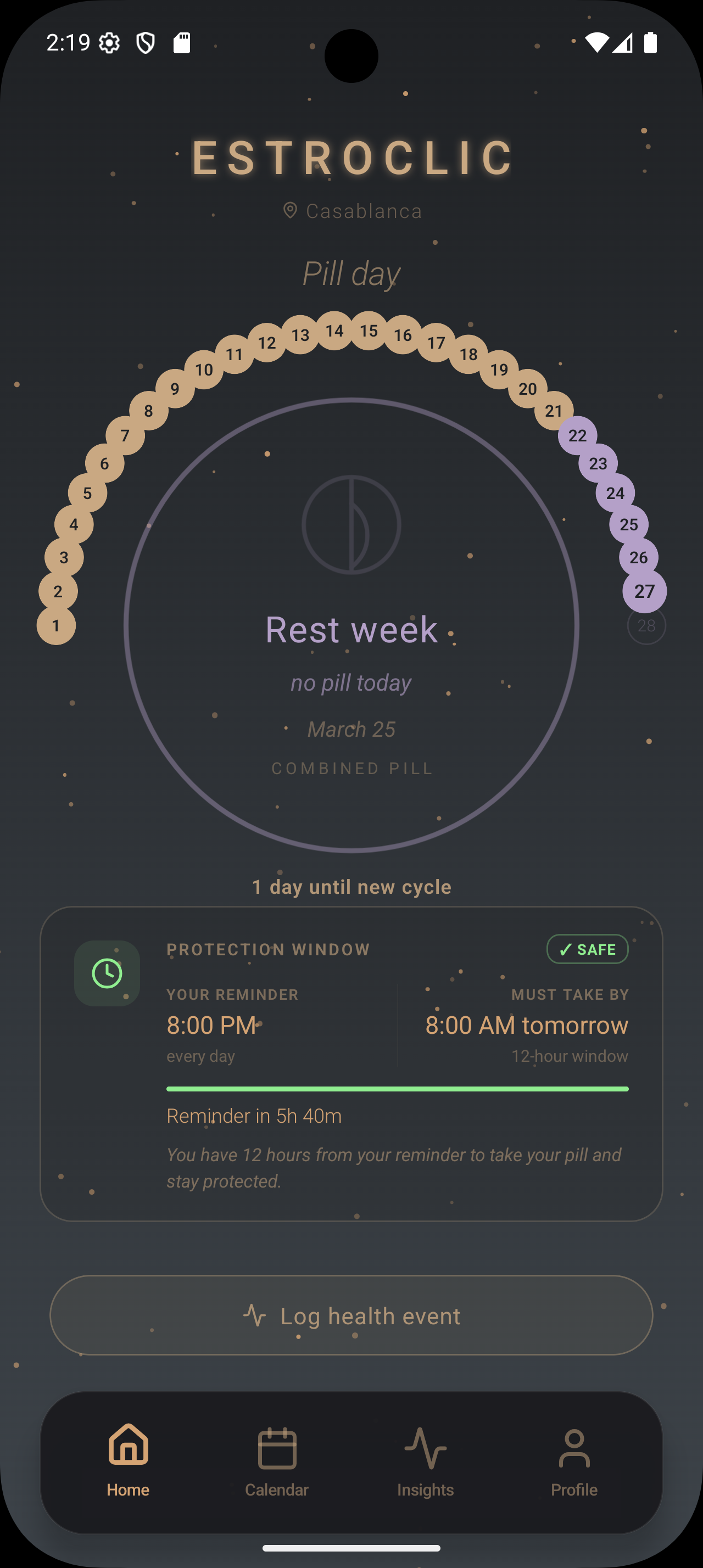 Estroclic combined-pill home screen showing the cycle arc, rest week, and timing display