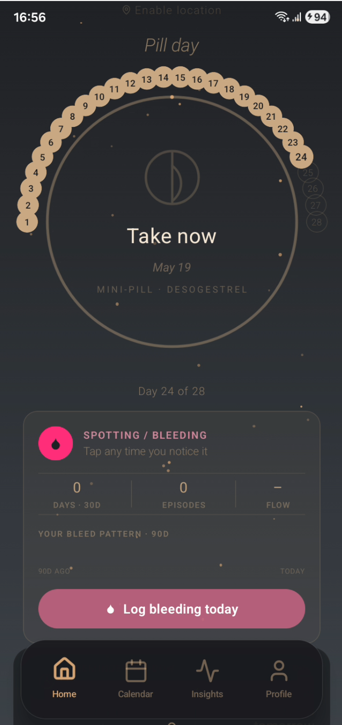 Estroclic mini-pill home screen showing pill-day tracking and bleeding log